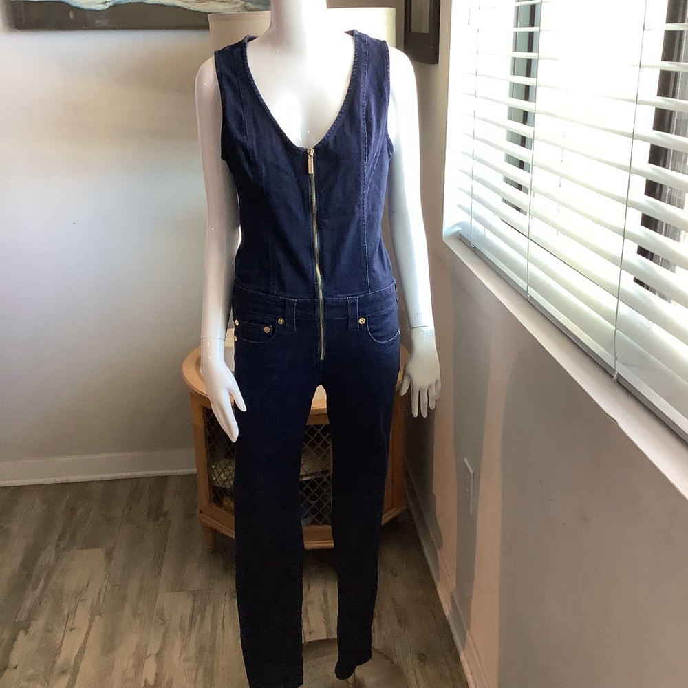 True Religion Navy Blue Sleeveless Zip-Front Denim Jumpsuit Romper Catsuit M - Picture 3 of 7
